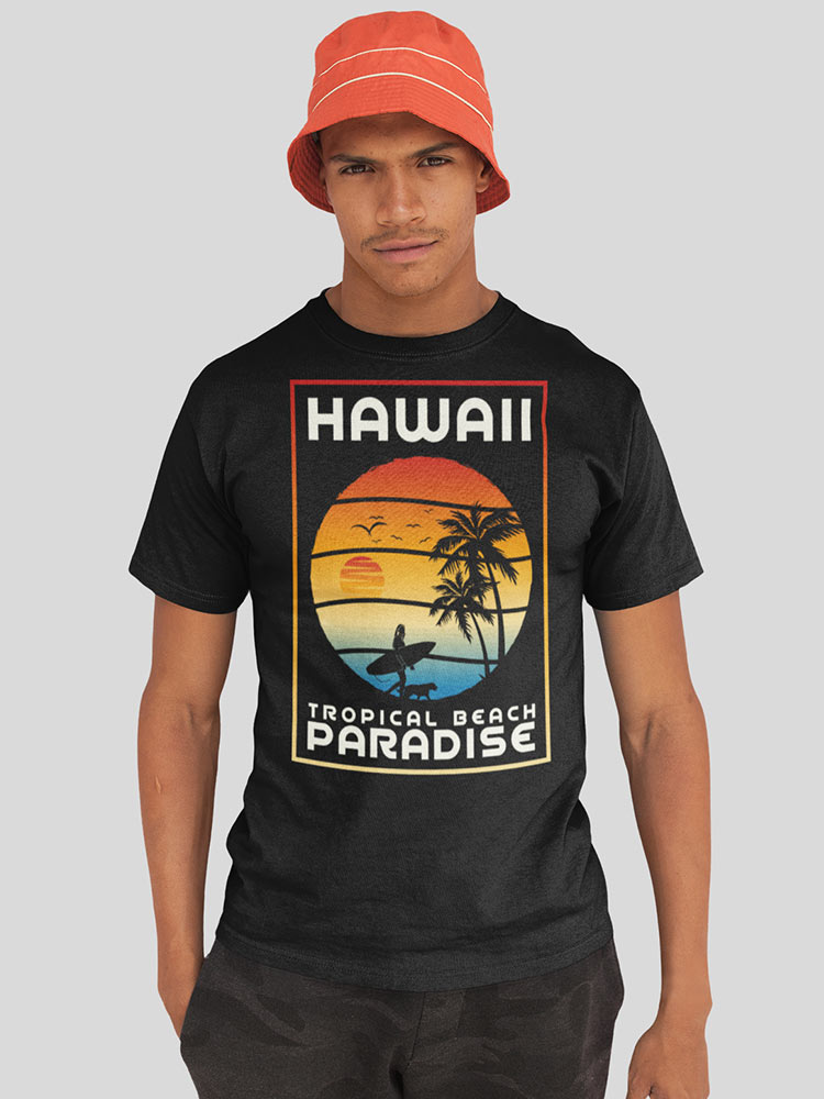 A person is wearing a black t-shirt with a Hawaii beach-themed print and an orange bucket hat against a neutral background.