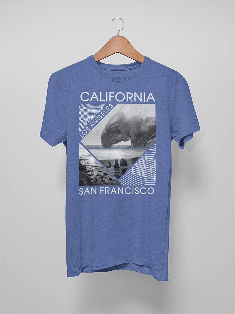 A blue t-shirt with a California-themed print hangs on a hanger against a grey background. It features images of Los Angeles and San Francisco.