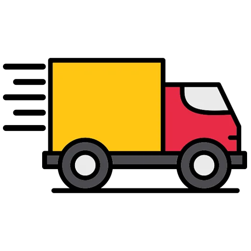 This image depicts a stylized icon of a delivery truck with a red cab and a large yellow cargo area, set against a white background.